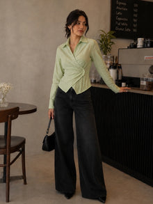 Green Striped Cotton Side-Fastened Wrap Shirt