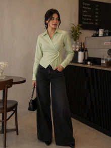 Green Striped Cotton Side-Fastened Wrap Shirt