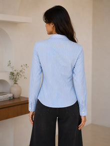 Blue Striped Cotton Side-Fastened Wrap Shirt