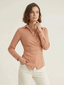 Orange Striped Cotton Side-Fastened Wrap Shirt