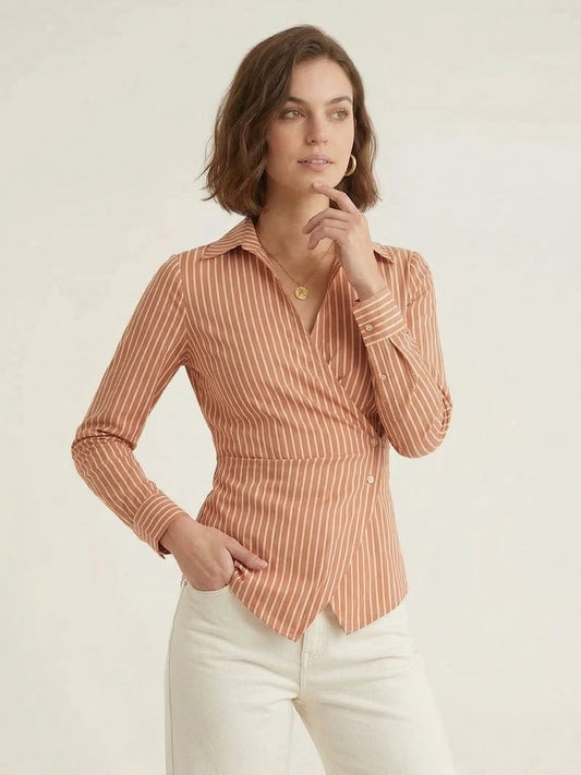 Orange Striped Cotton Side-Fastened Wrap Shirt