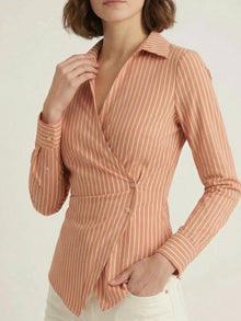 Orange Striped Cotton Side-Fastened Wrap Shirt