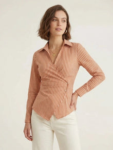 Orange Striped Cotton Side-Fastened Wrap Shirt