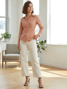 Orange Striped Cotton Side-Fastened Wrap Shirt