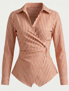 Orange Striped Cotton Side-Fastened Wrap Shirt