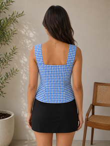 Blue & White Gingham Lace Trim Bustier Top