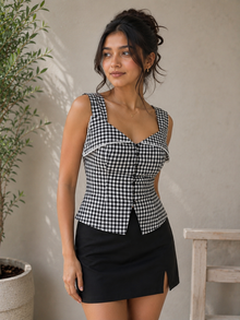 Black & White Gingham Lace Trim Bustier Top