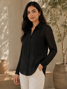 Classic Black Sheer Georgette Button-Down Shirt