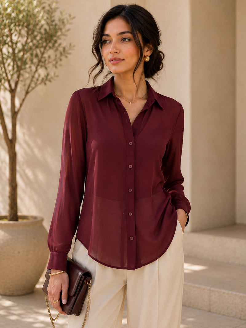 Classic Maroon Sheer Georgette Button-Down Shirt