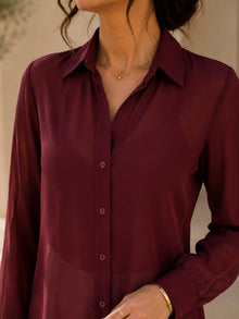 Classic Maroon Sheer Georgette Button-Down Shirt