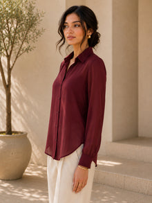 Classic Maroon Sheer Georgette Button-Down Shirt