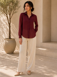 Classic Maroon Sheer Georgette Button-Down Shirt