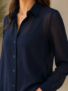 Classic Navy Blue Sheer Georgette Button-Down Shirt