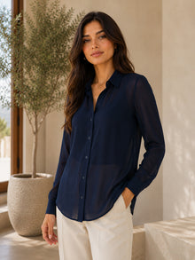 Classic Navy Blue Sheer Georgette Button-Down Shirt