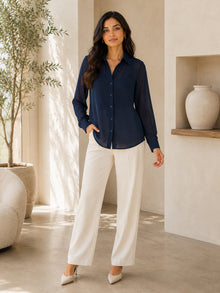 Classic Navy Blue Sheer Georgette Button-Down Shirt