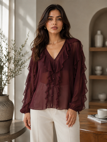 Maroon Sheer Georgette Ruffle V-Neck Full Sleeve Top
