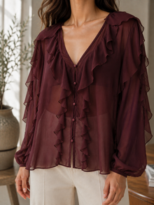 Maroon Sheer Georgette Ruffle V-Neck Full Sleeve Top