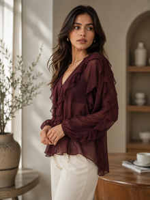 Maroon Sheer Georgette Ruffle V-Neck Full Sleeve Top
