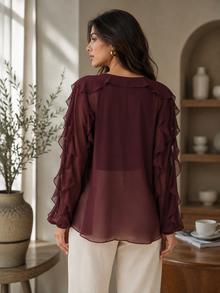 Maroon Sheer Georgette Ruffle V-Neck Full Sleeve Top