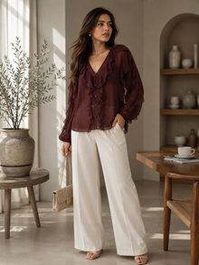 Maroon Sheer Georgette Ruffle V-Neck Full Sleeve Top