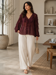 Maroon Sheer Georgette Ruffle V-Neck Full Sleeve Top
