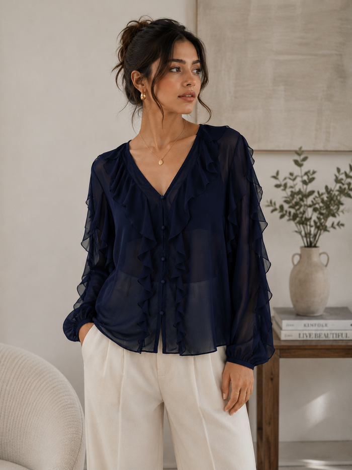 Navy Blue Sheer Georgette Ruffle V-Neck Full Sleeve Top