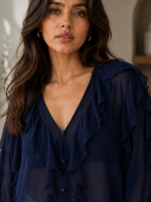 Navy Blue Sheer Georgette Ruffle V-Neck Full Sleeve Top