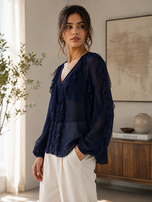 Navy Blue Sheer Georgette Ruffle V-Neck Full Sleeve Top