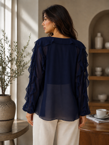 Navy Blue Sheer Georgette Ruffle V-Neck Full Sleeve Top