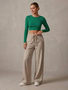 Beige Linen Blend Wide Leg Pants for Women