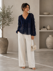 Navy Blue Sheer Georgette Ruffle V-Neck Full Sleeve Top