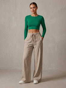 Beige Linen Blend Wide Leg Pants for Women