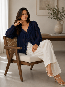 Navy Blue Sheer Georgette Ruffle V-Neck Full Sleeve Top