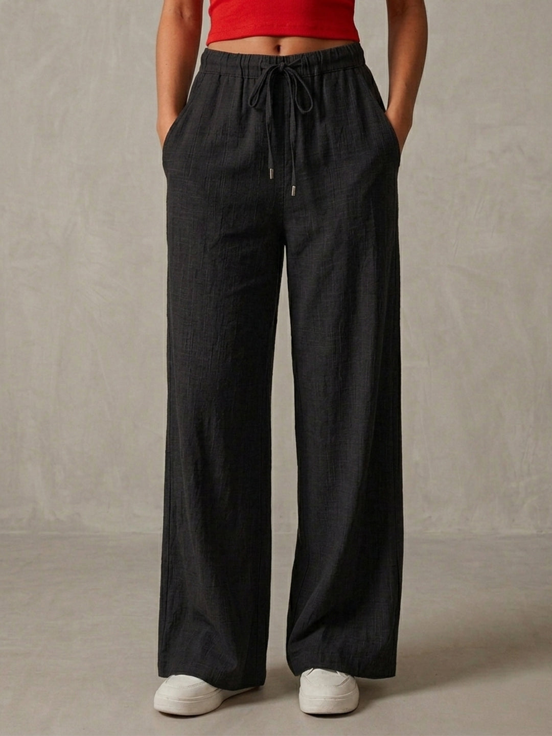 Black Linen Blend Wide Leg Pants for Women