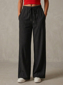 Black Linen Blend Wide Leg Pants for Women