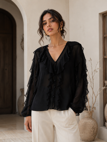 Black Sheer Georgette Ruffle V-Neck Full Sleeve Top