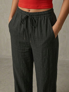 Black Linen Blend Wide Leg Pants for Women