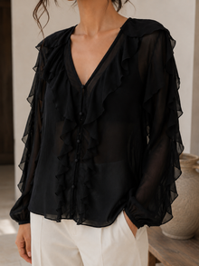 Black Sheer Georgette Ruffle V-Neck Full Sleeve Top