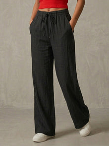 Black Linen Blend Wide Leg Pants for Women