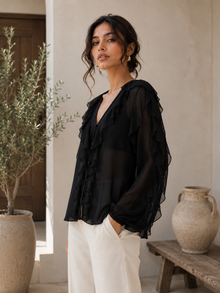 Black Sheer Georgette Ruffle V-Neck Full Sleeve Top