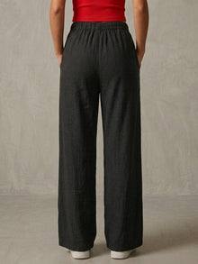 Black Linen Blend Wide Leg Pants for Women