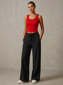 Black Linen Blend Wide Leg Pants for Women