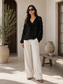 Black Sheer Georgette Ruffle V-Neck Full Sleeve Top