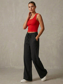 Black Linen Blend Wide Leg Pants for Women