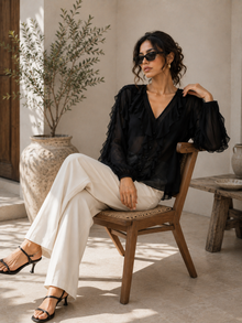 Black Sheer Georgette Ruffle V-Neck Full Sleeve Top
