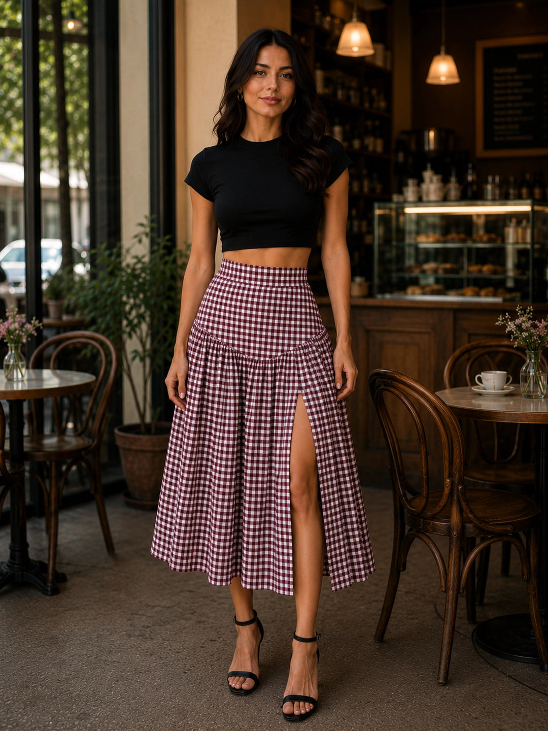 Maroon & White Gingham Cotton Midi Skirt