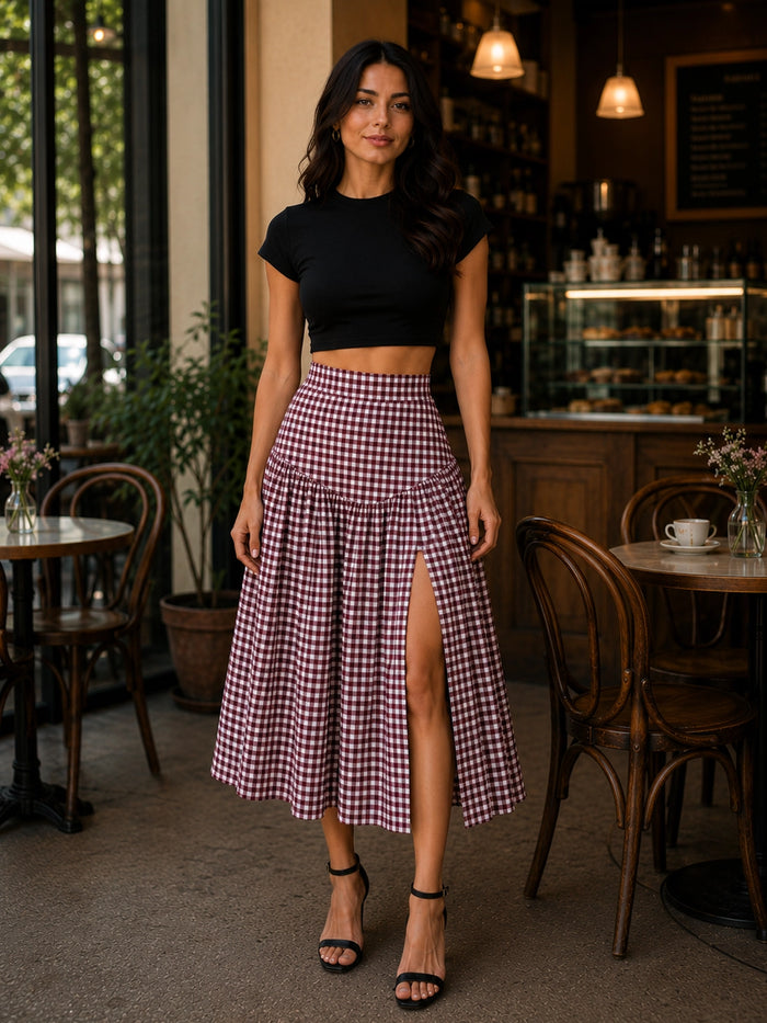 Maroon & White Gingham Cotton Midi Skirt