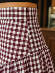 Maroon & White Gingham Cotton Midi Skirt