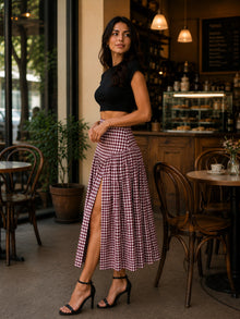 Maroon & White Gingham Cotton Midi Skirt