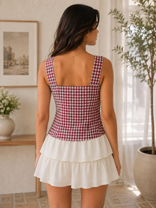 Maroon & White Gingham Lace Trim Bustier Top